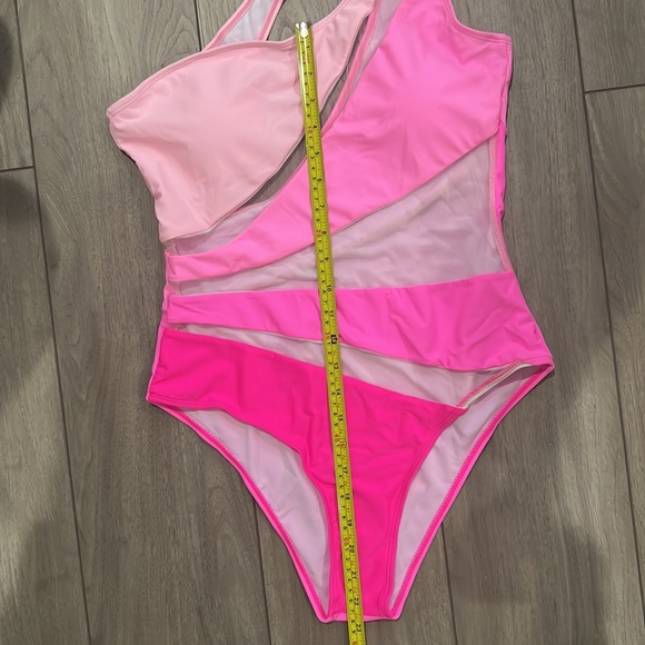 NEW Color Block One Shoulder Mesh Insert One Piece Swimsuit - Picture 11 of 11